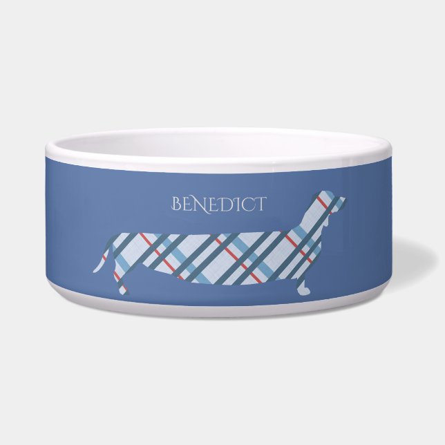 Pset Dachshund op Blue Personalized Voerbakje (Voorkant)