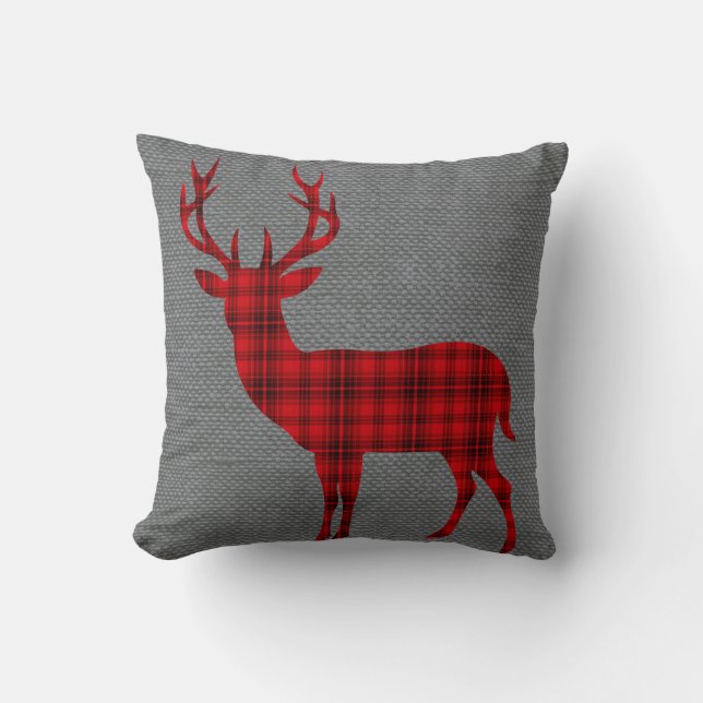 Pset Deer Silhouette op Burlap | rood Kussen (Voorkant)