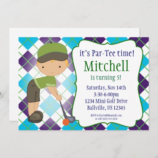Pset Golfer Boy Golf Birthday Party Invitation Kaart (Voorkant / Achterkant)