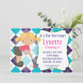 Pset Golfer Girl Golf Birthday Party Invitation Kaart (Staand voorkant)