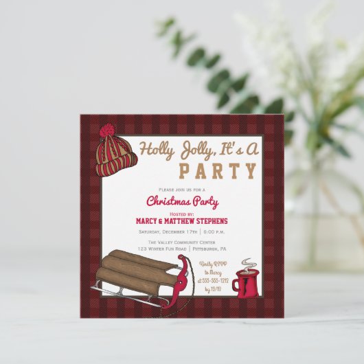 Pset Holly Jolly Sled kerstparty uitnodiging (Staand voorkant)