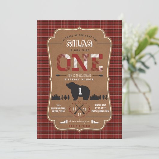Pset Lumberjack First Birthday Party Invitations Kaart (Staand voorkant)