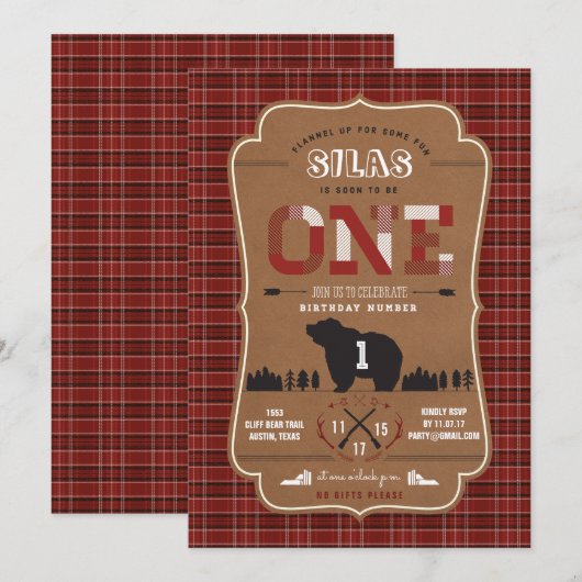Pset Lumberjack First Birthday Party Invitations Kaart (Voorkant / Achterkant)