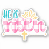 Pset Pink Blue Hij is Risen Cross Vinyl Sticker (Voorkant)
