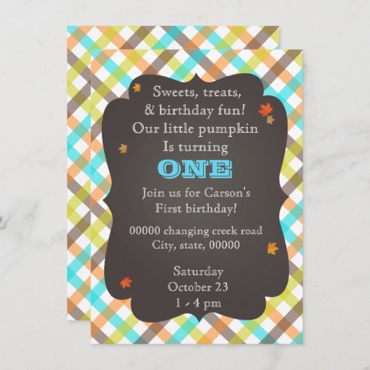 Pset pumpkin uitnodiging voor de eerste verjaardag (Voorkant / Achterkant)