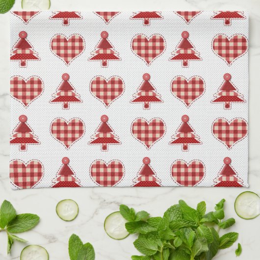 Pset Red Kerstbomen en Hearts Pattern Theedoek (Gevouwen)