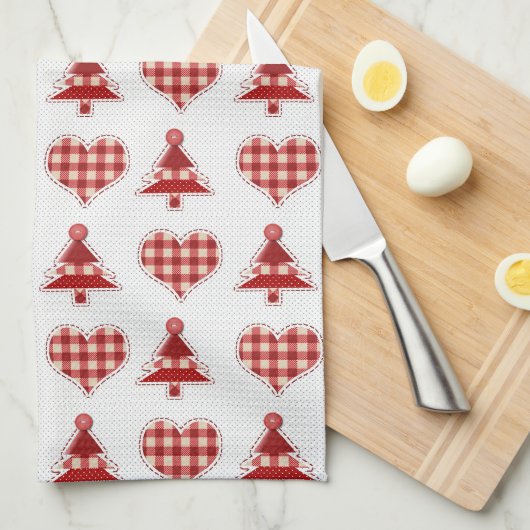 Pset Red Kerstbomen en Hearts Pattern Theedoek (Quarter Fold)