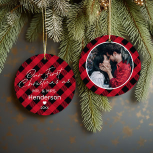 Pset Red Mr & Mrs First Kerstmis Keramisch Ornament