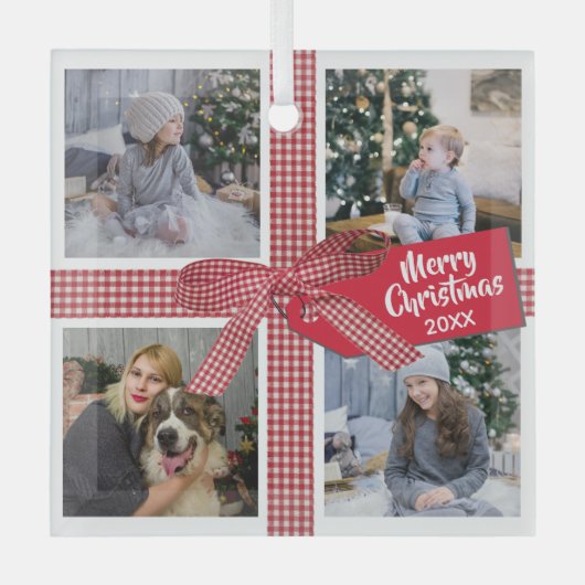 Pset Ribbon en Bow 4-fotocollage kerstmis Glas Ornament (Voorkant)