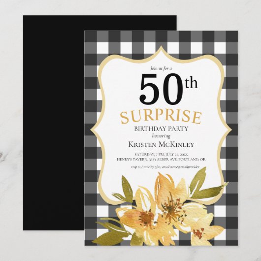 Pset Surprise 50th Black Yellow Floral Birthday Kaart (Voorkant / Achterkant)