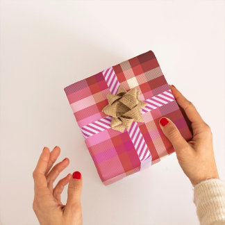 Pset Tartan Modern Kerstroze, zalm Cadeaupapier