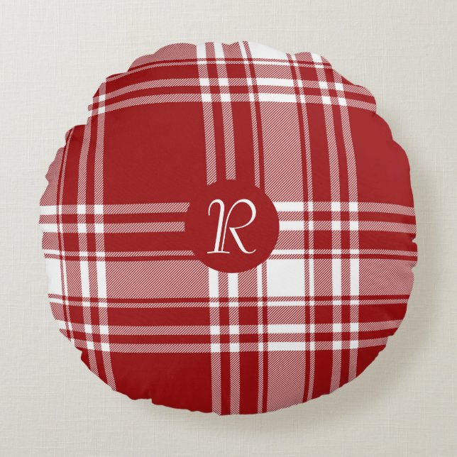 Pset Tartan Red White Monogram Holiday Kerstmis Rond Kussen (Voorkant)