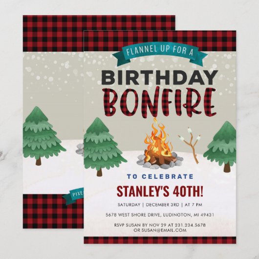 Pset Winter Outdoor Bonfire Birthday Uitnodiging (Voorkant / Achterkant)