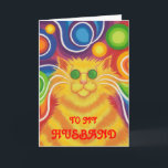 Psy-cat-delic 'echtgenoot' 'groovy verjaardag' kaa kaart<br><div class="desc">Groovy baby! Een gele en oranje gestreepte kat met zwenkende whiskers en een psychedelische regenboog gepatterde achtergrond. De kaart van groeten met een geel, oranje, rood, blauw, groen, roze, paars, en wit aanpasbaar ontwerp voor u om met uw eigen tekst, afbeeldingen en ideeën te personaliseren.Een originele digitaal verbeterde kleurenpotlood tekening...</div>