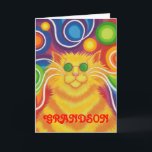 Psy-cat-delic 'Grandson' 'Groovy-verjaardagskaart' Kaart<br><div class="desc">Groovy baby! Een gele en oranje gestreepte kat met zwenkende whiskers en een psychedelische regenboog gepatterde achtergrond. De kaart van groeten met een geel, oranje, rood, blauw, groen, roze, paars, en wit aanpasbaar ontwerp voor u om met uw eigen tekst, afbeeldingen en ideeën te personaliseren.Een originele digitaal verbeterde kleurenpotlood tekening...</div>