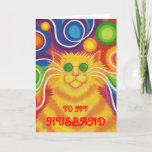 Psy-cat-delic 'Husband' 'groovy verjaardagskaart' Kaart<br><div class="desc">Groovy baby! Een gele en oranje gestreepte kat met zwenkende whiskers en een psychedelische regenboog gepatterde achtergrond. De kaart van groeten met een geel, oranje, rood, blauw, groen, roze, paars, en wit aanpasbaar ontwerp voor u om met uw eigen tekst, afbeeldingen en ideeën te personaliseren.Een originele digitaal verbeterde kleurenpotlood tekening...</div>