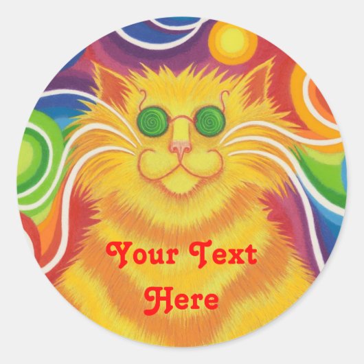 Psy-cat-delic "Jouw tekst here"-ronde sticker (Voorkant)