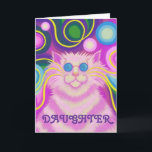 Psy-cat-delic Pink 'Daughter' verjaardagskaart Kaart<br><div class="desc">Groovy baby! Een roze gestreepte kat met zwenkende whiskers en een psychedelische regenboog gepatterde achtergrond. De kaart van groeten met een roze, blauwe, groene, paarse en gele aanpasbaar ontwerp voor u om met uw eigen tekst, afbeeldingen en ideeën te personaliseren.De tekst kan gemakkelijk worden veranderd gebruikend de verstrekte sjabloon of...</div>