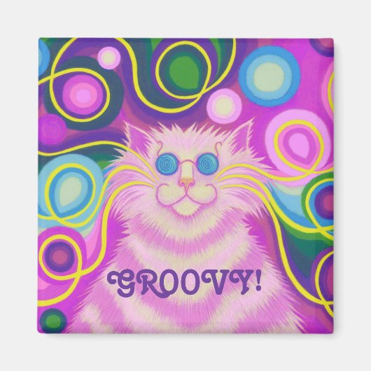 Psy-cat-delic Pink "Groovy" fridge magnet vierkant (Voorkant)