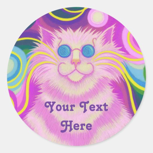 Psy-cat-delic Pink 'Jouw tekst here'-ronde sticker (Voorkant)