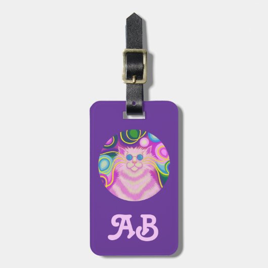 Psy-cat-delic Pink Round'initialen bagage paars Bagagelabel (Voorkant verticaal)