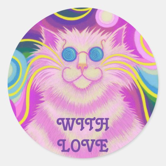 Psy-cat-delic Pink 'With Love'-ronde sticker (Voorkant)
