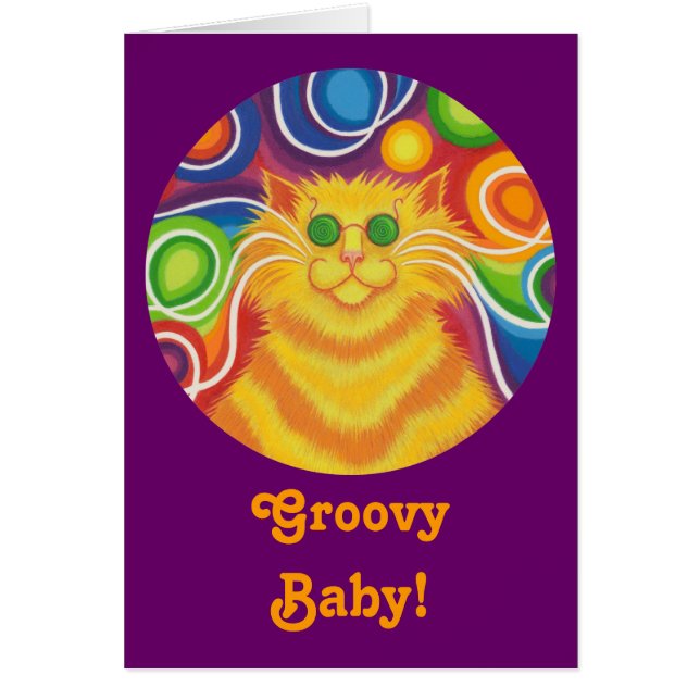 Psy-cat-delic round 'Groovy Baby!' kaart paars (Voorkant)