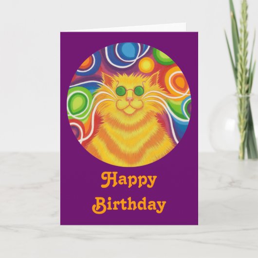 Psy-cat-delic round 'Happy Birthday'-kaart paars Kaart (Voorkant)