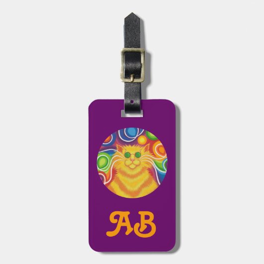 Psy-cat-delic Round'initialen bagagelabel paars (Voorkant verticaal)