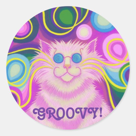 Psy-cat-delic Roze 'Groovy' ronde sticker (Voorkant)