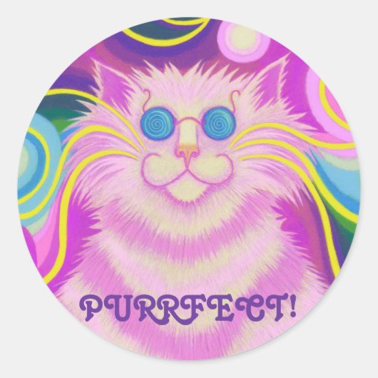Psy-cat-delic Roze 'Purrfect!' ronde sticker (Voorkant)