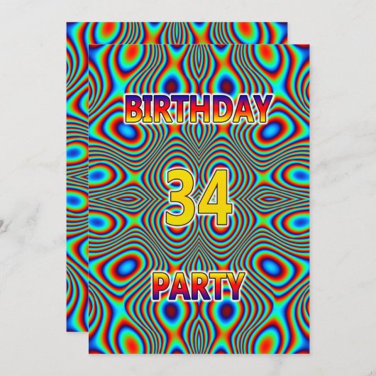 Psychedelic 34th Birthday party Invitation Kaart (Voorkant / Achterkant)