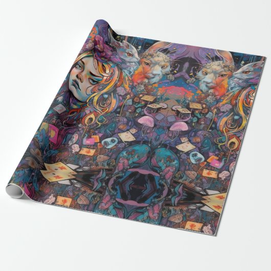 Psychedelic Alice in wonderland Animal Theme Cadeaupapier (Uitgerold)