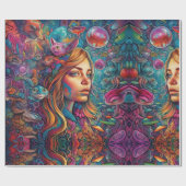 Psychedelic Alice in wonderland Blauw Meisje Thema Cadeaupapier (Vlak)