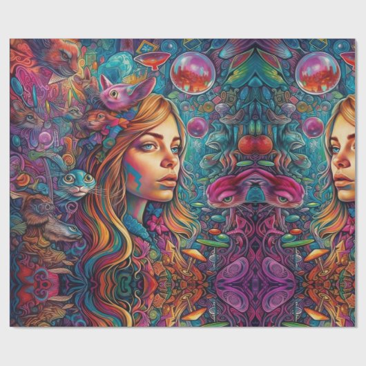 Psychedelic Alice in wonderland Blauw Meisje Thema Cadeaupapier (Vlak)