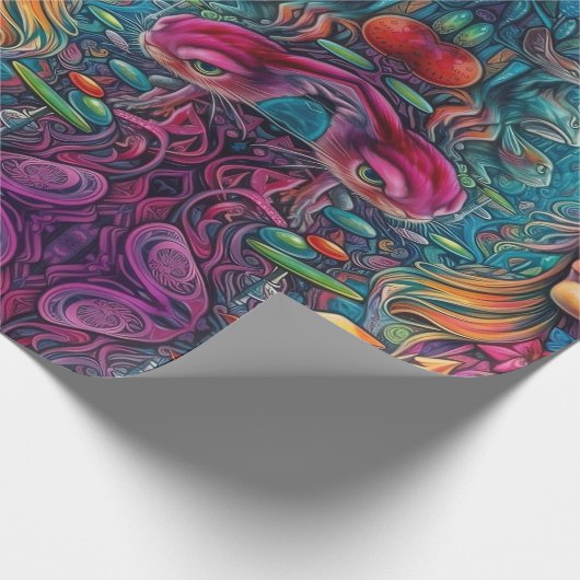 Psychedelic Alice in wonderland Blauw Meisje Thema Cadeaupapier (Hoek)