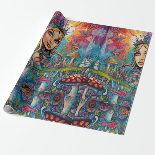 Psychedelic Alice in wonderland Bold Kleuren Thema Cadeaupapier (Uitgerold)