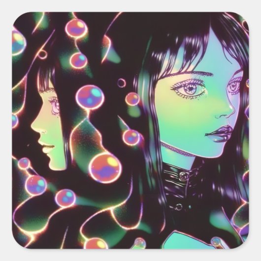 Psychedelic Anime Meisje Vierkante Sticker (Voorkant)