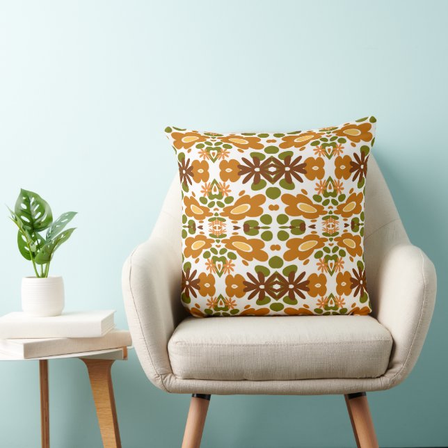 Psychedelic Bloemen & Hart Bruin Groen Wit Kussen (Stoel)