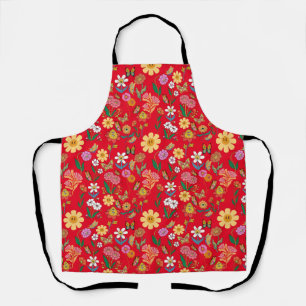 Psychedelic Bloemen Patroon Retro Stijl Rood BG Schort