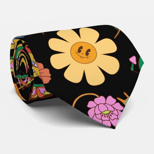 Psychedelic Bloemen Patroon x4 Zwart BG Stropdas (Opgerold)