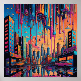 Psychedelic Blue Sinaasappel Drippy City Poster