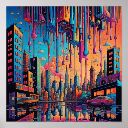 Psychedelic Blue Sinaasappel Drippy City Poster (Voorkant)