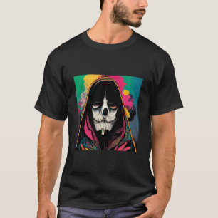 Psychedelic cartoon Grimm reaper rookte een sigare T-shirt