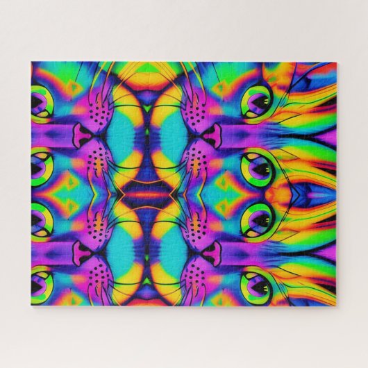 Psychedelic cat illusion paars fuchsia green legpuzzel (Horizontaal)
