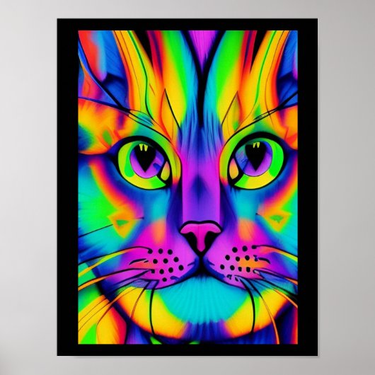 Psychedelic cat illusion paars fuchsia green poster (Voorkant)