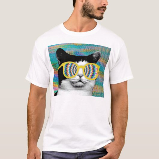 PSYCHEDELIC CAT MET SUNGLAS T-SHIRT (Voorkant)