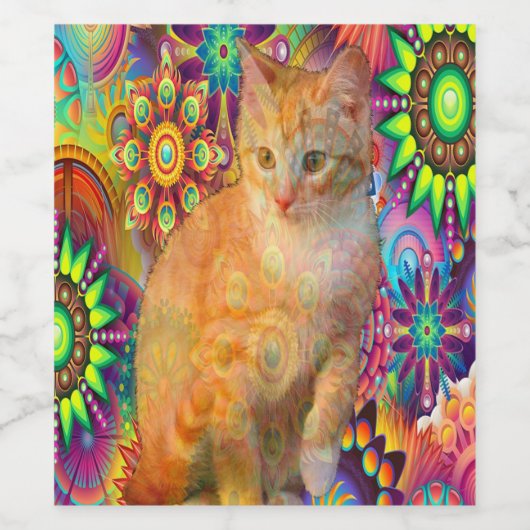 Psychedelic Cat Wine Bottle, Tie Dye Cat Wijn Etiket (Enkel label)