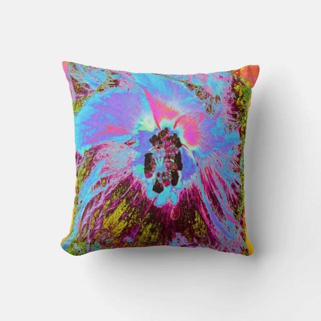Psychedelic Cornflower Blue en Magenta Hibiscus Kussen (Voorkant)