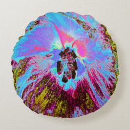 Psychedelic Cornflower Blue en Magenta Hibiscus Rond Kussen